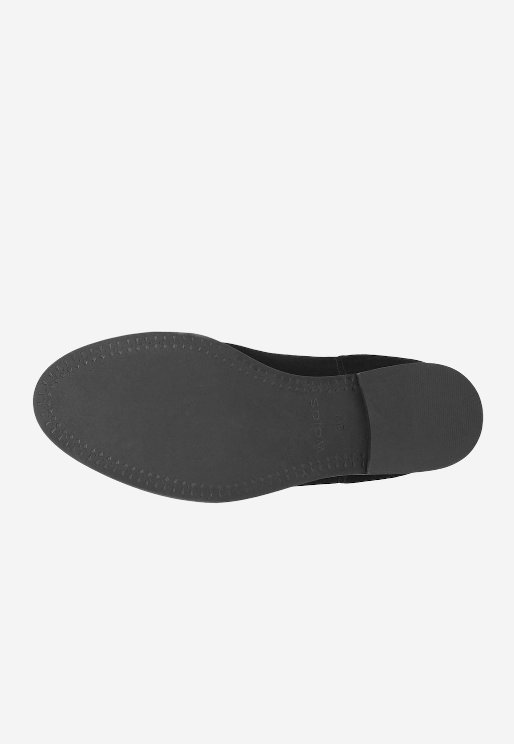 Podeszwa czarnych welurowych botków Wojas model 9521-61 na koturnie, z widocznym logotypem marki i ozdobnym szwem po obwodzie.