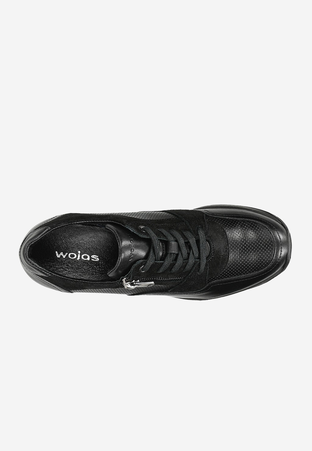 Czarne sneakersy damskie Wojas 46091-71 z ozdobnym zamkiem, widok z góry. Buty łączą teksturowaną skórę z elementami perforowanymi, czarne sznurówki i logo marki.