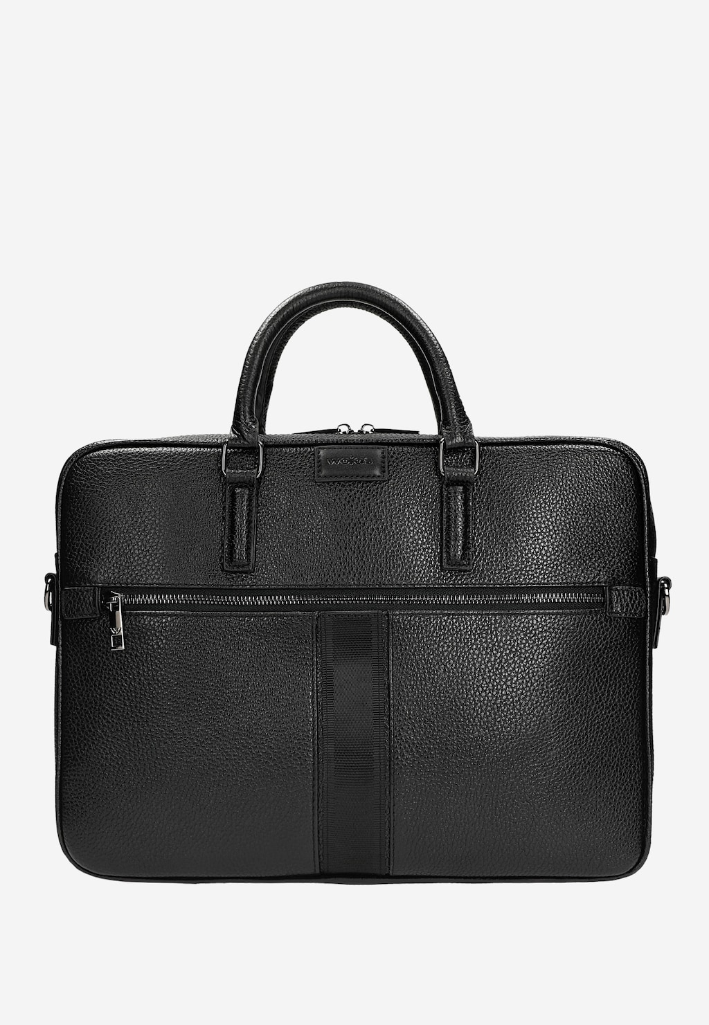 Elegancka czarna skórzana torba męska Wojas model 90014-51 z praktyczną kieszenią zewnętrzną na zamek, widocznym logo marki i podwójnymi uchwytami.