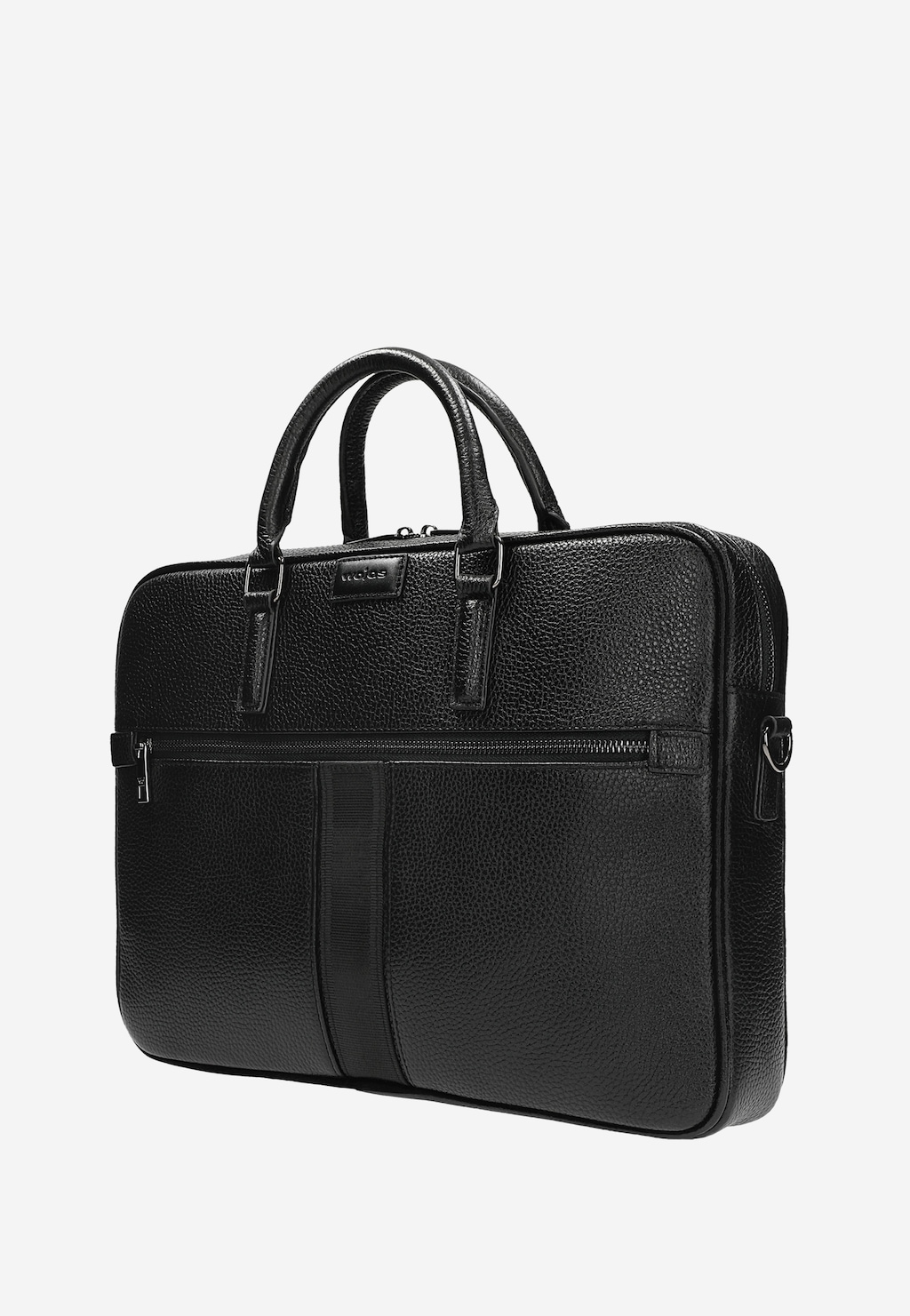 Elegancka czarna skórzana torba męska Wojas model 90014-51 z widocznym logo marki, wyposażona w zewnętrzną kieszeń na zamek i podwójne uchwyty do noszenia.