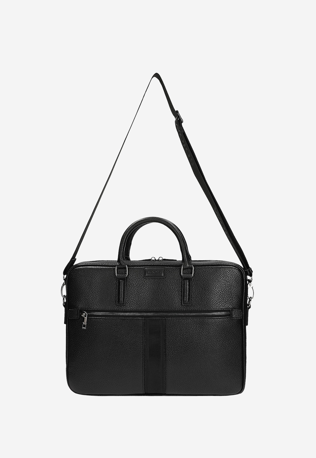 Elegancka czarna skórzana torba męska Wojas model 90014-51 z praktyczną zewnętrzną kieszenią na zamek, widoczna z przodu. Torba posiada regulowany pasek na ramię.