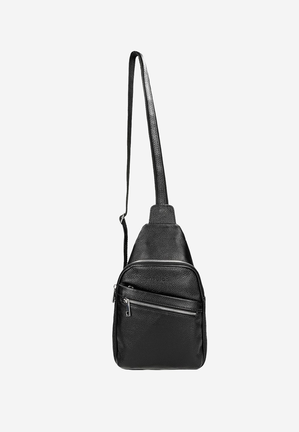 Mała czarna torba męska Wojas 80193-51 ze skóry licowej, w stylu crossbody z długim paskiem na ramię i ozdobnymi zamkami błyskawicznymi na przednich kieszeniach.