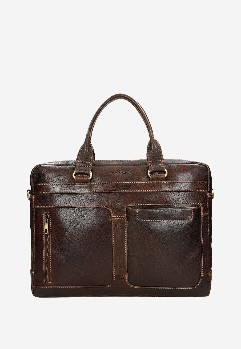 Elegancka brązowa skórzana torba męska Wojas model 80141-52 z dwoma zewnętrznymi kieszeniami i kontrastowymi przeszyciami, idealna do pracy. Widoczne logo marki i uchwyt do noszenia.