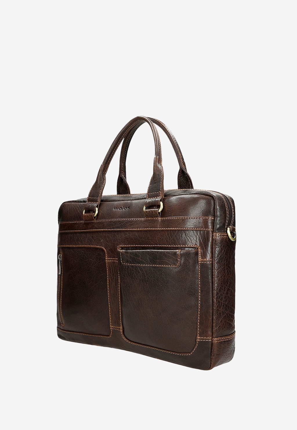 Elegancka brązowa skórzana torba męska do pracy Wojas 80141-52 z praktycznymi kieszeniami zewnętrznymi, ozdobnymi przeszyciami i wygodnymi uchwytami.