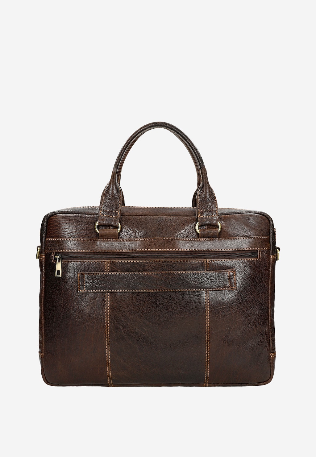 Elegancka brązowa skórzana torba męska Wojas 80141-52 z podwójnymi uchwytami, ozdobnym przeszyciem i zewnętrzną kieszenią zapinaną na zamek, idealna do pracy.