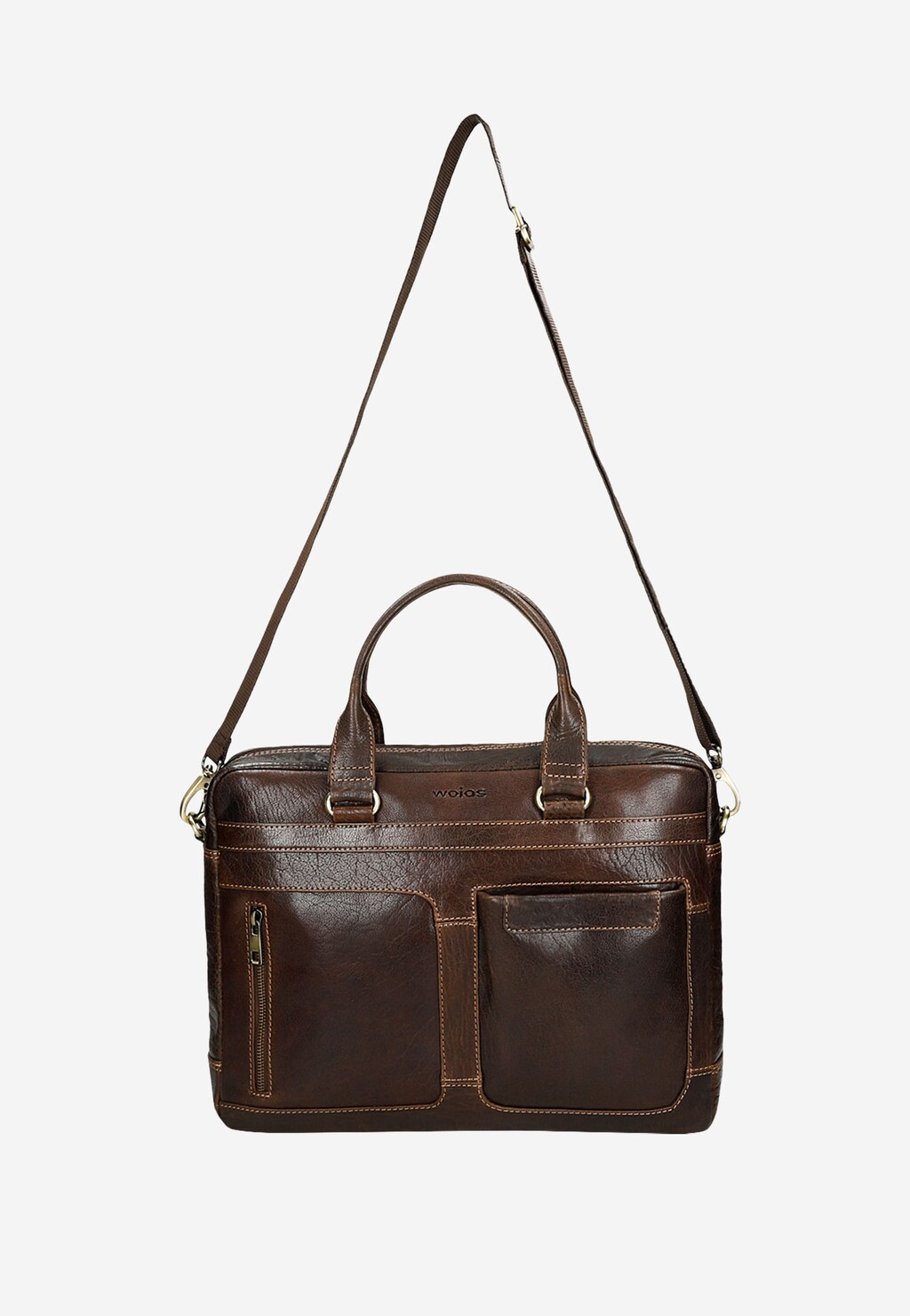 Brązowa skórzana torba męska Wojas model 80141-52 z regulowanym paskiem na ramię, podwójnymi uchwytami i przednimi kieszeniami. Elegancki dodatek biznesowy do pracy.