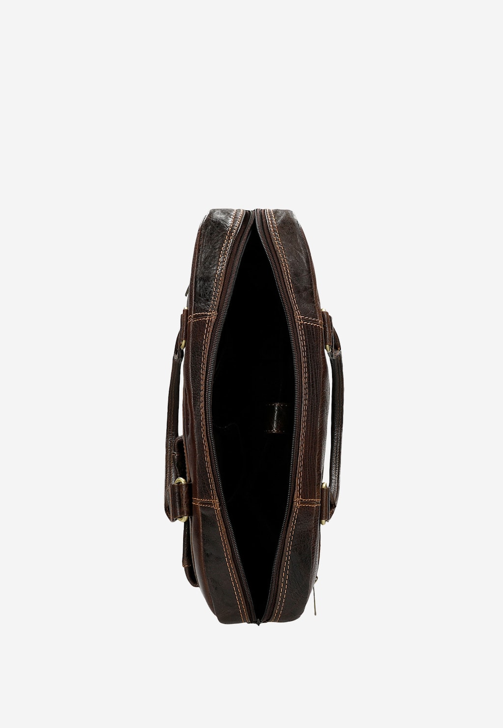 Brązowa skórzana torba męska Wojas model 80141-52 widziana z góry, otwarta, ukazująca wewnętrzną przestrzeń. Widoczne staranne przeszycia i skórzane uchwyty po bokach.