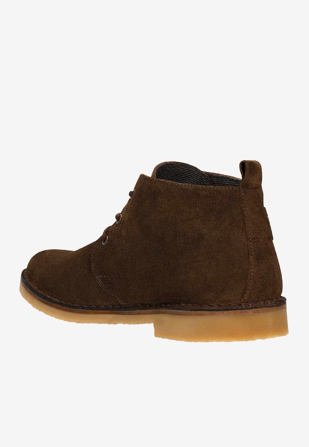 Brązowe trzewiki męskie Wojas 24400-63 typu desert boots z dwoiny welurowej, widok z boku, z charakterystyczną jasną podeszwą i sznurowaniem.