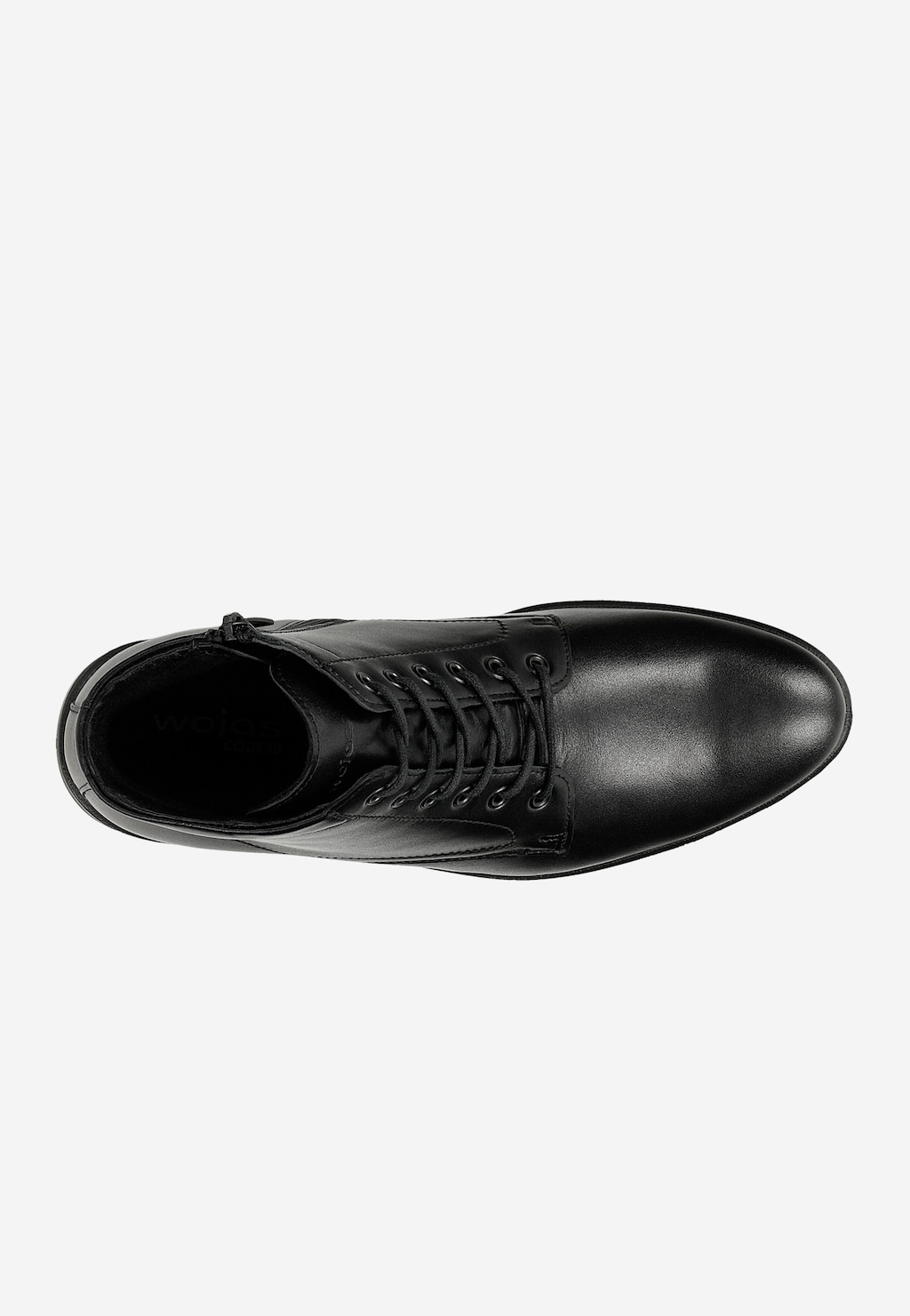 Czarne eleganckie trzewiki męskie Wojas 24055-51 z lśniącej skóry licowej, widok z góry. Klasyczny model ze sznurowaniem i wyraźnym profilem podeszwy.