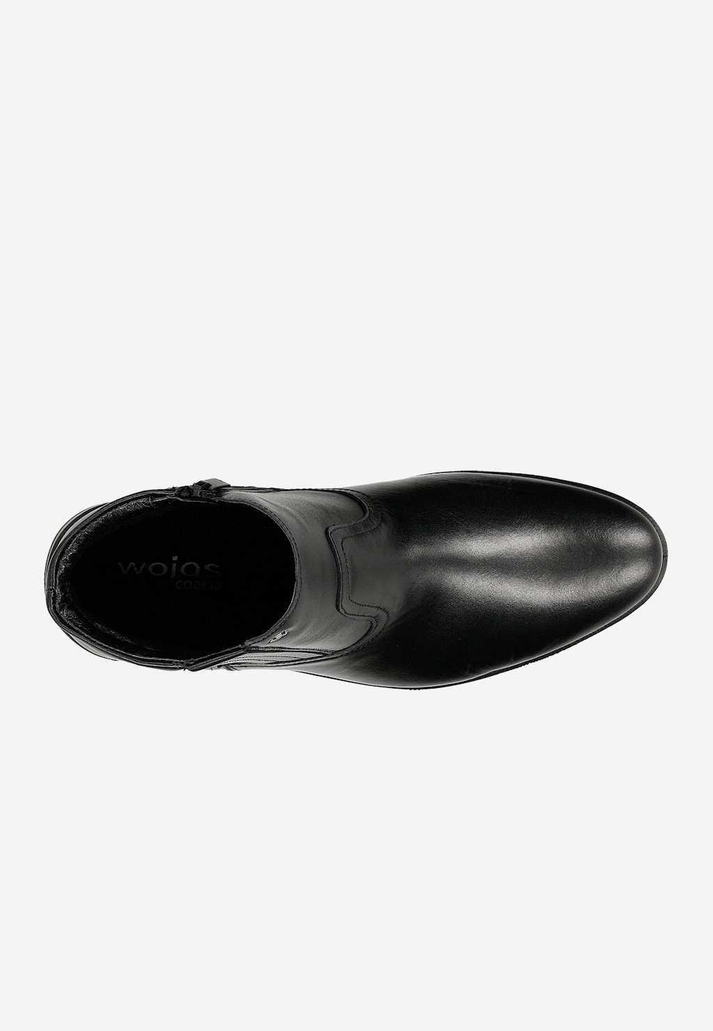 Czarne ocieplane botki męskie Wojas 20016-51 ze skóry licowej, widok z góry. Eleganckie buty z ociepleniem, logo Wojas widoczne wewnątrz, zapinane na boczny zamek.