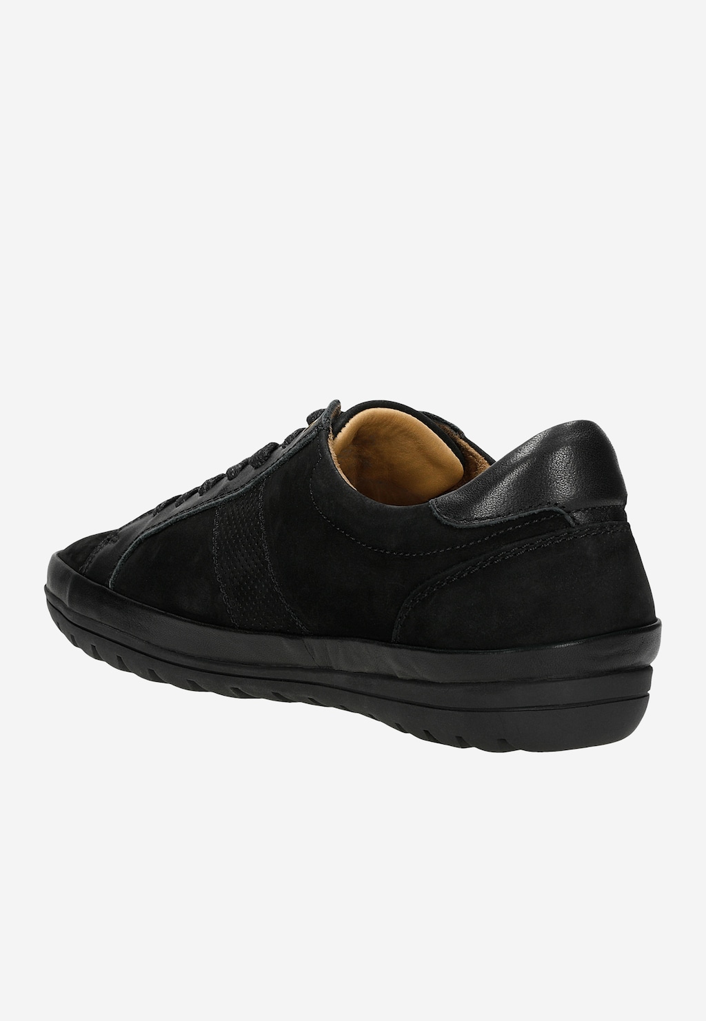 Czarne męskie sneakersy Wojas model 10147-71 z boku, ukazujące skórzaną konstrukcję, perforowaną wstawkę i charakterystyczną, oryginalną podeszwę z brązowym wykończeniem wewnątrz.