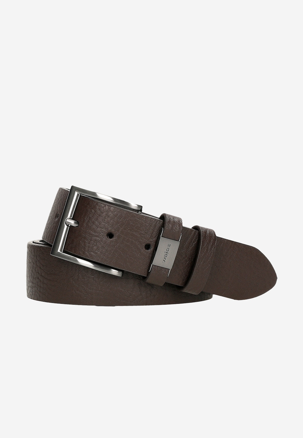 Ciemnobrązowy pasek męski Wojas model 93096-52 z metalową klamrą i elegancką szlufką z logo. Wykonany ze skóry, widoczna faktura materiału i otwory do regulacji.