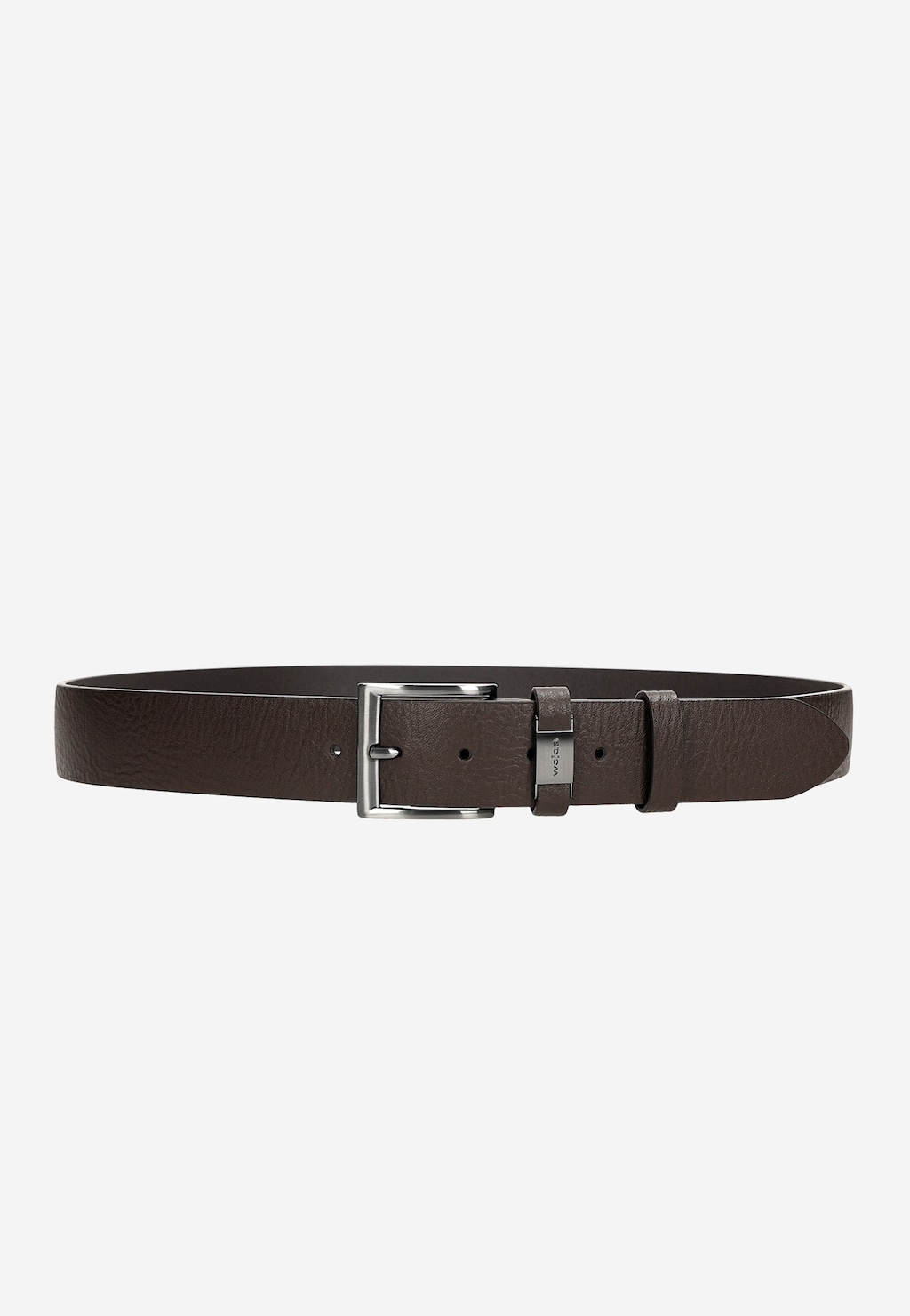 Ciemnobrązowy pasek męski Wojas 93096-52 ze skóry naturalnej, z metalową klamrą i charakterystyczną szlufką z logo marki. Elegancki dodatek do codziennych stylizacji.