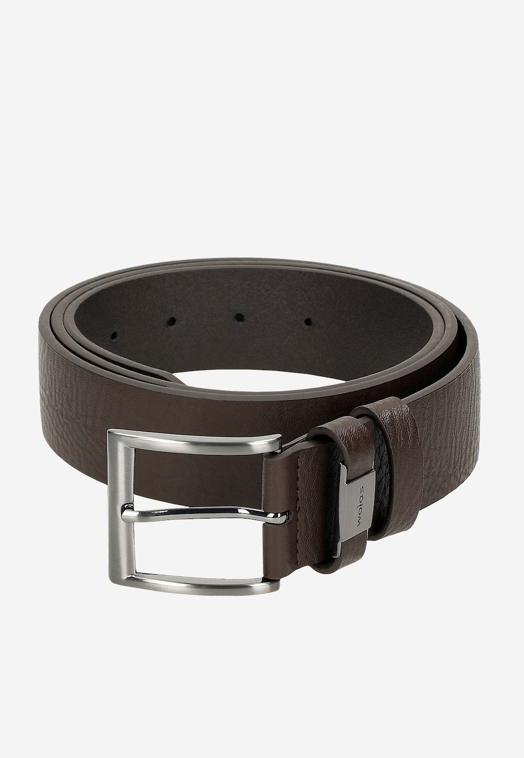 Ciemnobrązowy pasek męski Wojas model 93096-52 z fakturowanej skóry, metalową klamrą i elegancką szlufką ozdobioną logo marki. Widoczne dziurki do regulacji długości.