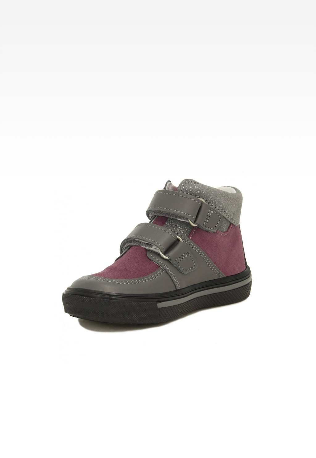 Dziewczęce trzewiki Bartek 11714004 w fioletowo-szarym kolorze z dwoma rzepami, błyszczącymi elementami i czarną podeszwą, widok z boku.