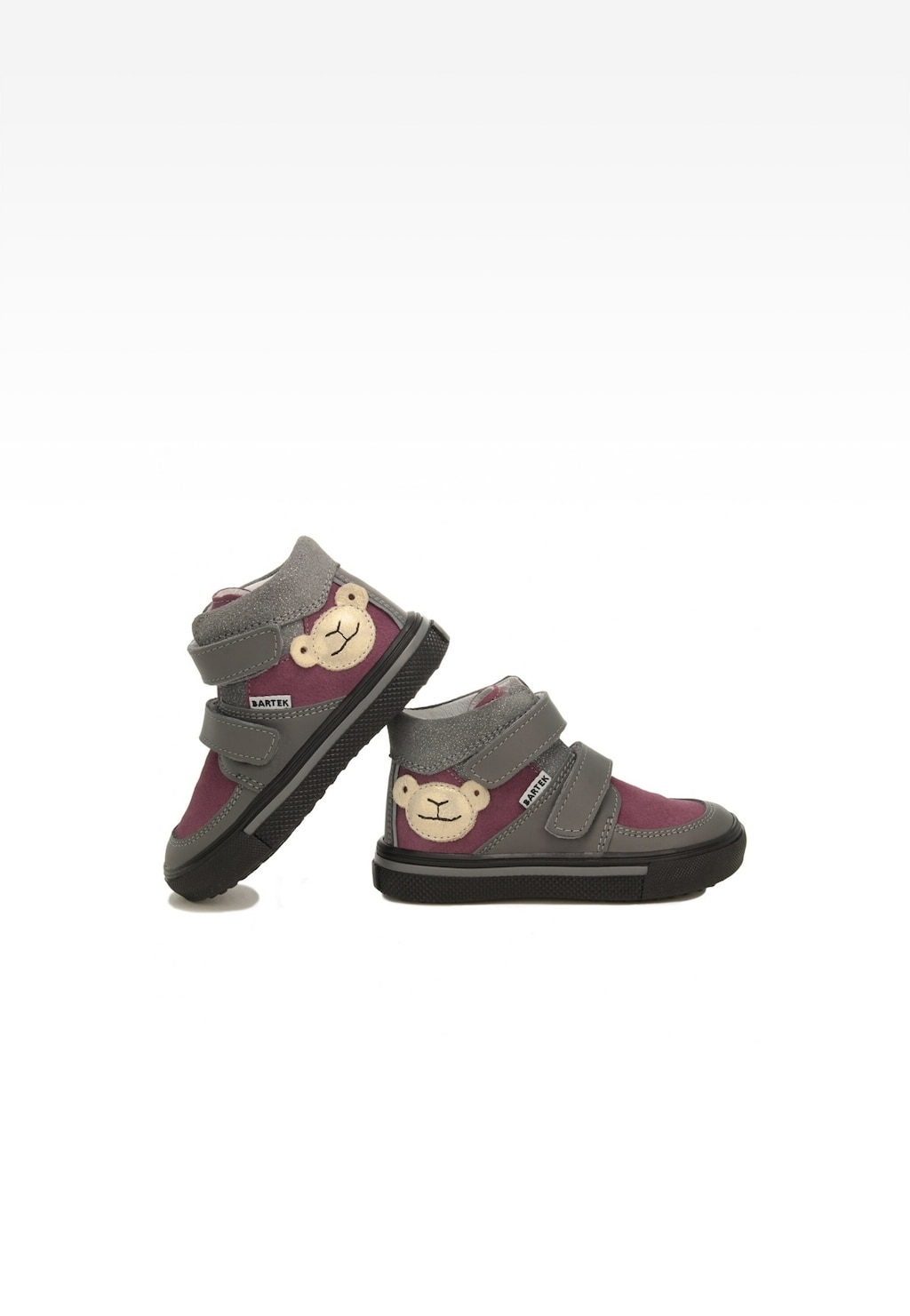 Trzewiki dziecięce Bartek 11714004 w kolorze fioletowo-szarym z uroczym motywem małpki, zapinane na rzepy, idealne dla dziewczynki, widok z boku.