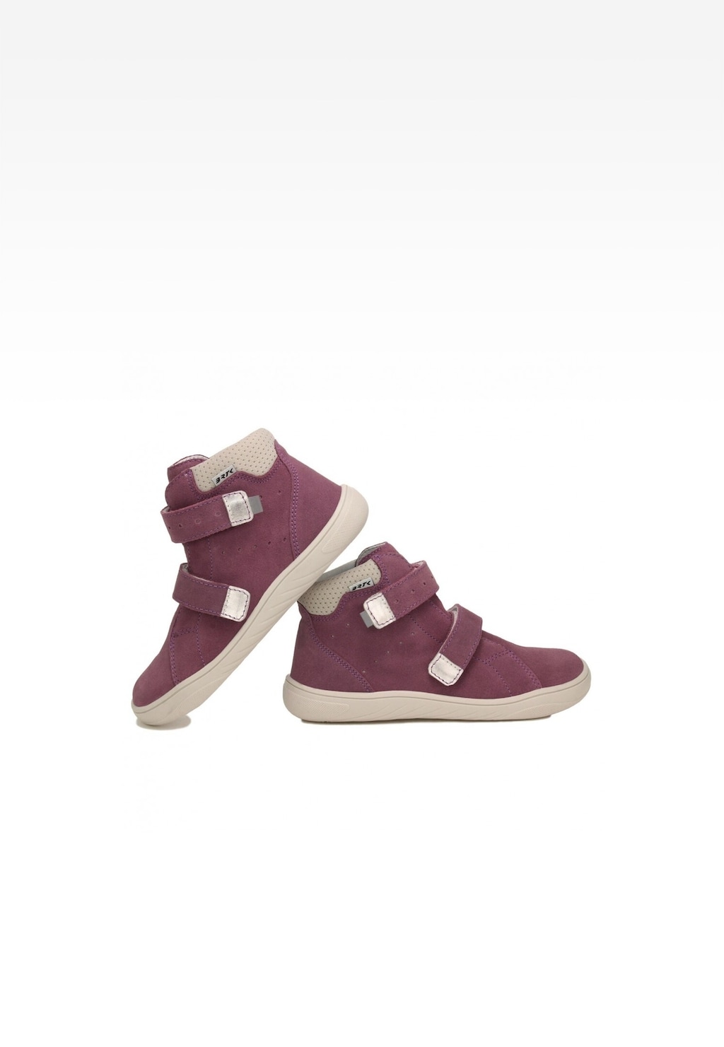 Fioletowe buty barefoot Bartek 14043505 dla dziewcząt z rzepami, wysoką cholewką i beżową podeszwą, zaprojektowane z myślą o naturalnym rozwoju stopy.