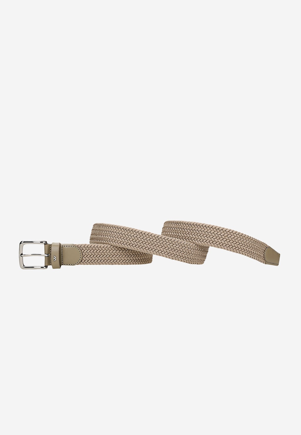 Beżowy parciany pasek męski Wojas 93009-74 z plecionym wzorem, ozdobiony elegancką srebrną klamrą. Pasek skręcony, ukazujący elastyczność materiału.