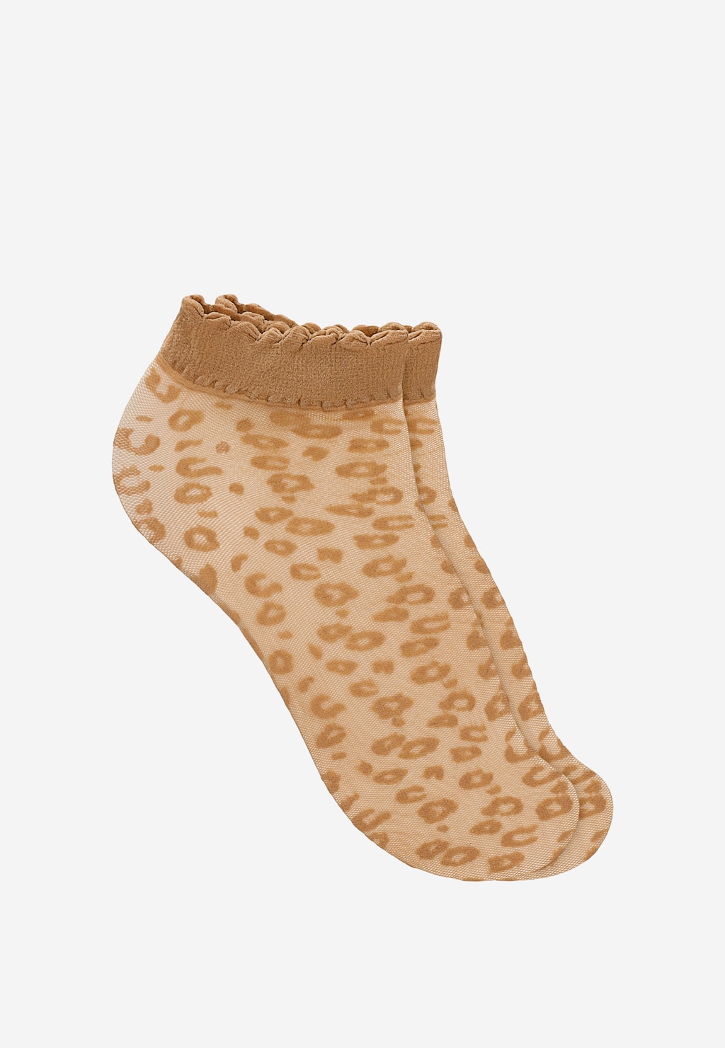 Beżowa stopka rajstopowa Wojas 20den z wzorem w cętki, z ozdobną falbanką przy brzegu. Model 97086-84 z dwupaku stopek w modnym zwierzęcym princie.