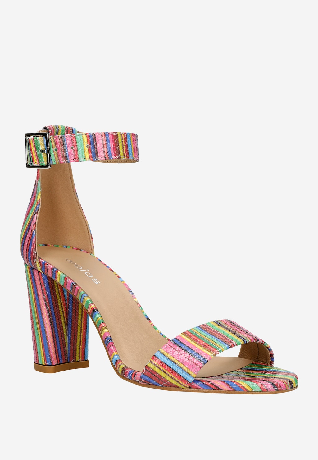Sandały Wojas model 76028-56 w kolorowe pionowe paski z paskiem wokół kostki, na stabilnym wysokim słupku, z odkrytymi palcami, widok z boku.