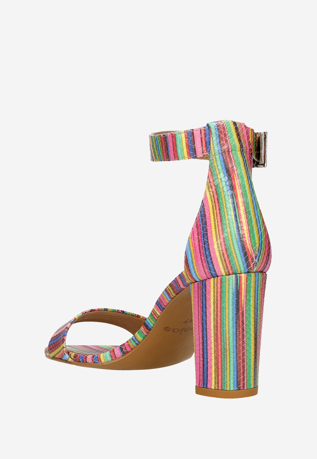 Kolorowe sandały damskie Wojas model 76028-56 z pasiastym wzorem, na stabilnym słupku, z zapięciem na kostce. Widok z boku ukazuje wielobarwną teksturę obuwia.