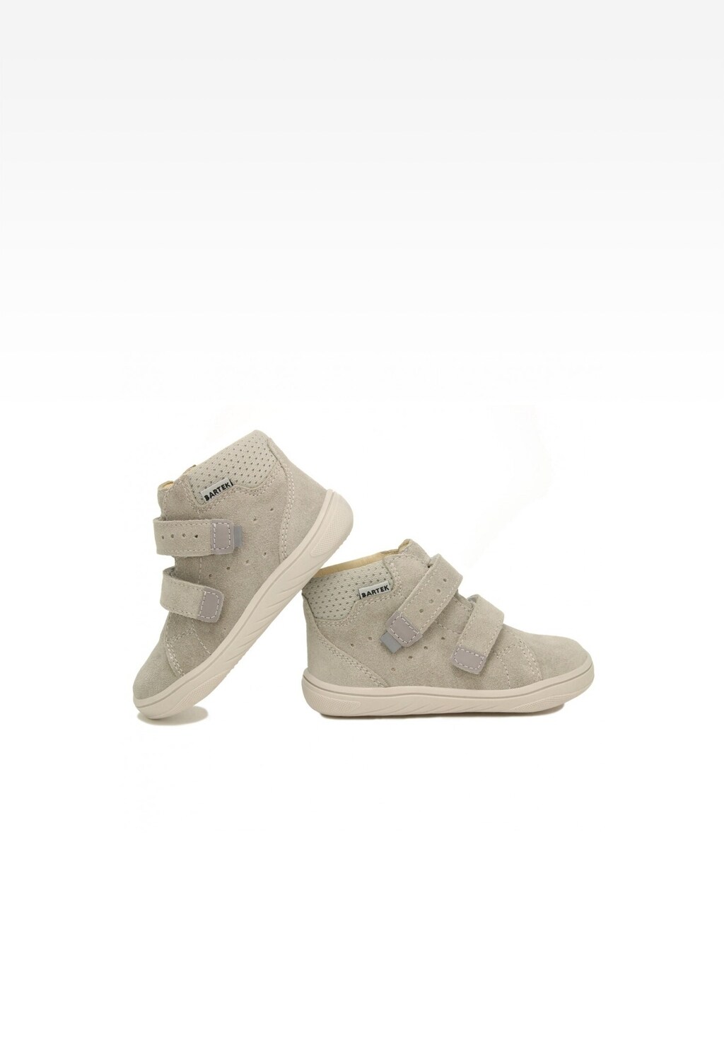 Szare buty dziecięce Barefoot BARTEK 11043503 z perforacją, zapinane na dwa rzepy, z logo marki na języku, widoczne z boku.