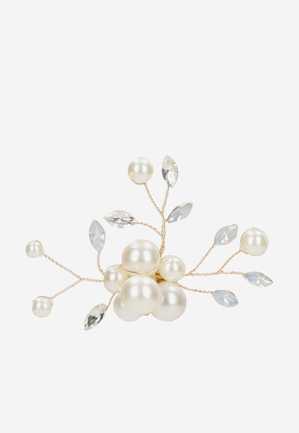 Biało-złota ozdoba do butów Wojas model 98531-19 z perełkami i kryształkami na złotych drucikach, tworzącymi elegancki kwiatowy motyw.