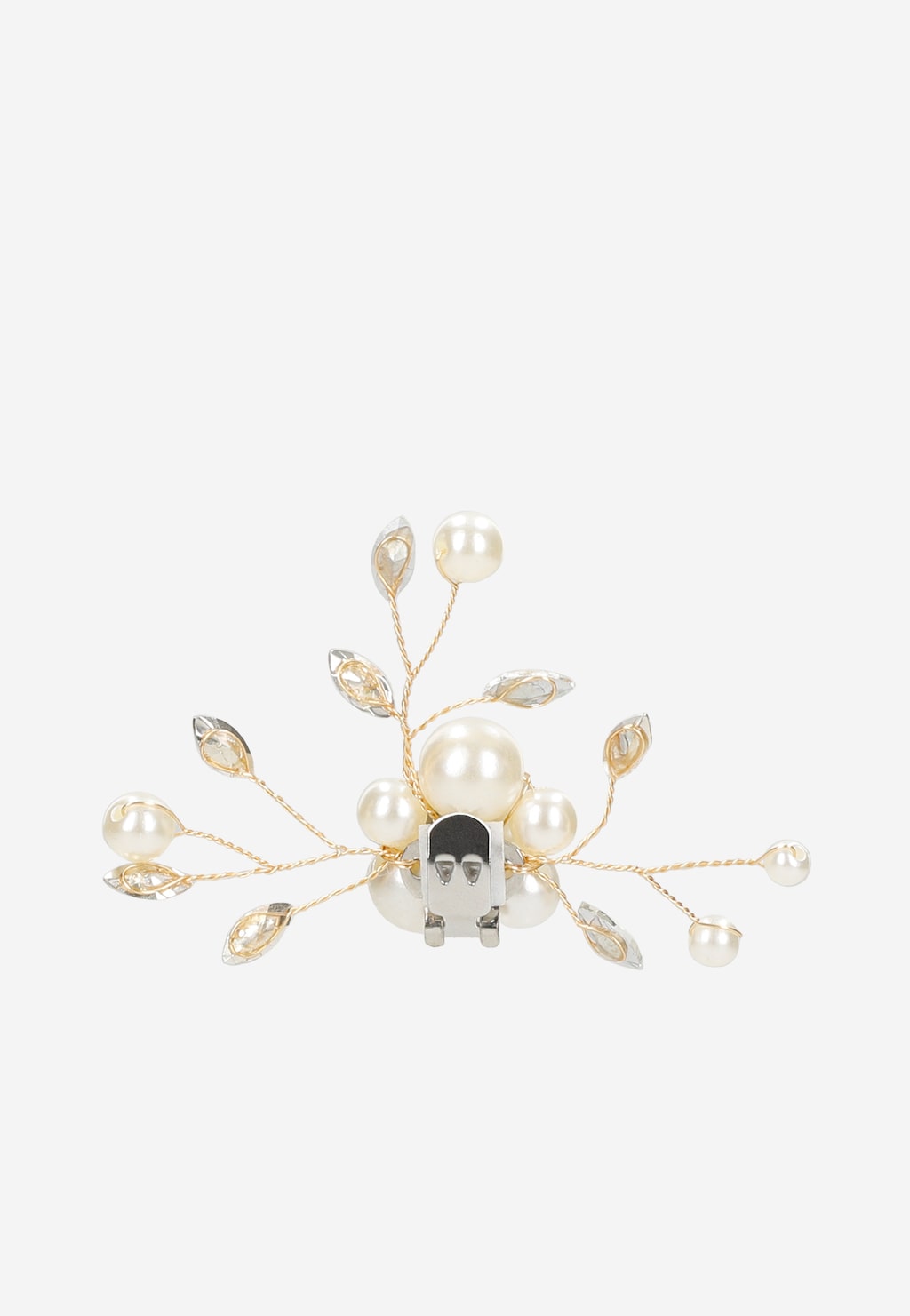 Biało-złota ozdoba do butów Wojas 98531-19 z perełkami na złotych drucikach, z metalowym klipsem do mocowania. Elegancki, kwiatowy wzór z kryształowymi listkami.