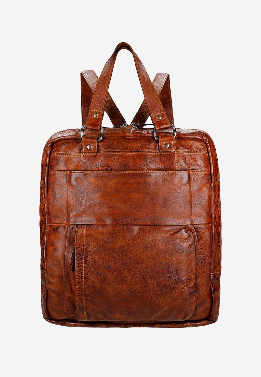 Elegancki brązowy plecak-torba Wojas 80360-53 ze skóry licowej z przodu. Wielofunkcyjny produkt 2w1 z metalowymi klamrami i regulowanymi paskami na ramiona.