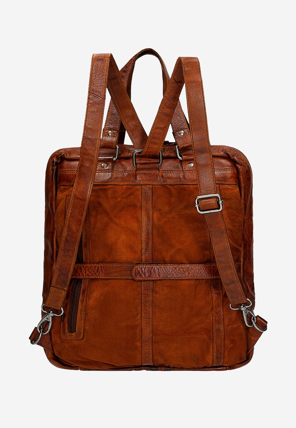Elegancki brązowy plecak-torba Wojas 2w1 model 80360-53 wykonany ze skóry licowej. Widok z tyłu ukazujący regulowane paski, zapięcia i kieszeń zewnętrzną.