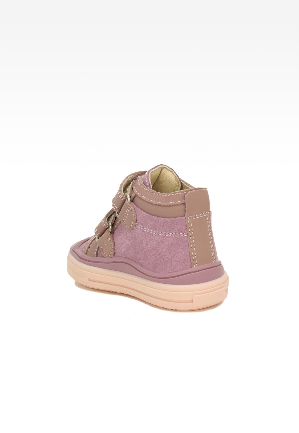Różowe trzewiki dziecięce BARTEK 11044002 dla dziewczynki, widok z boku. But wykonany z połączenia skóry i materiału tekstylnego, z rzepami i ozdobnymi przeszyciami.