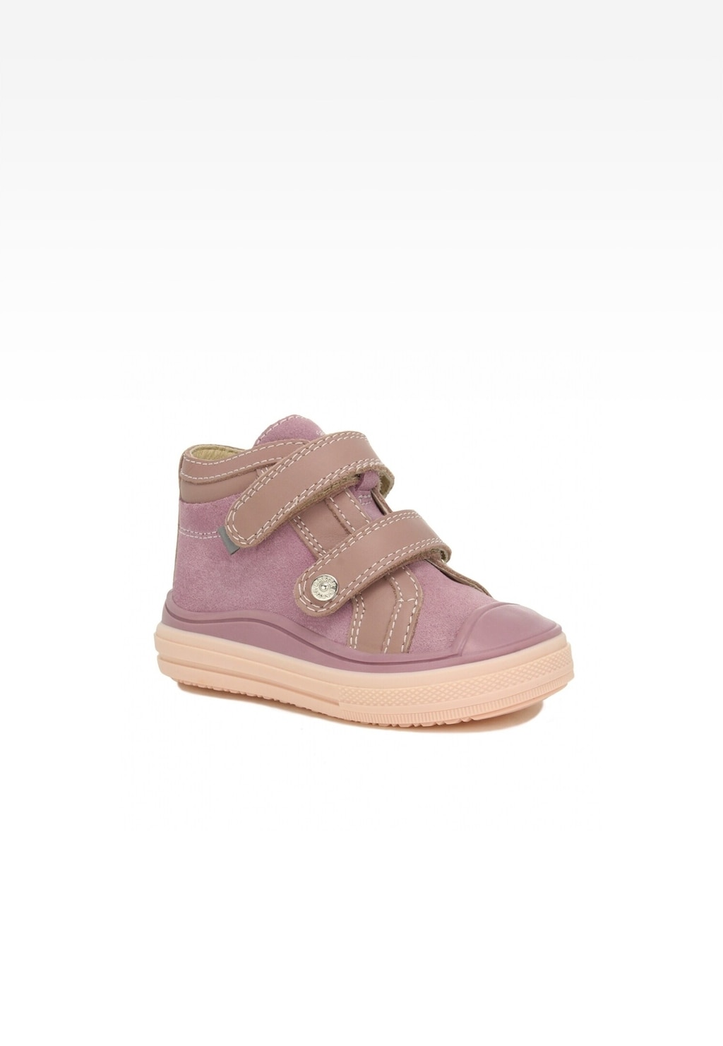 Różowe trzewiki dziecięce BARTEK 11044002 z rzepami dla dziewczynki, wykonane z wysokiej jakości materiałów, z dekoracyjnym przeszyciem i jasną podeszwą.