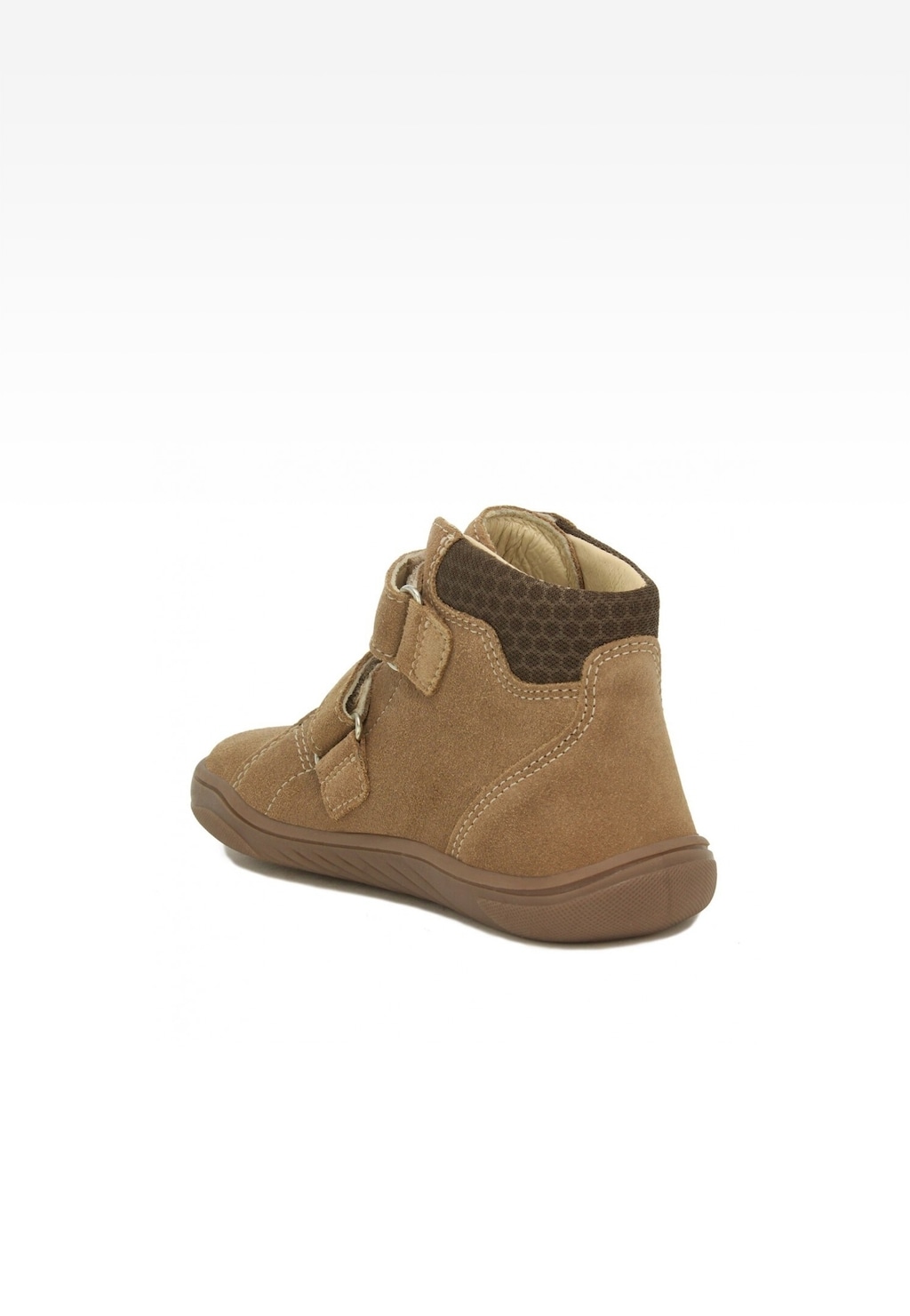 Dziecięce buty Barefoot BARTEK 14043515 w kolorze brązowo-beżowym z zapięciem na rzepy, widok z boku. Wyróżniająca się teksturowana wstawka przy kostce.