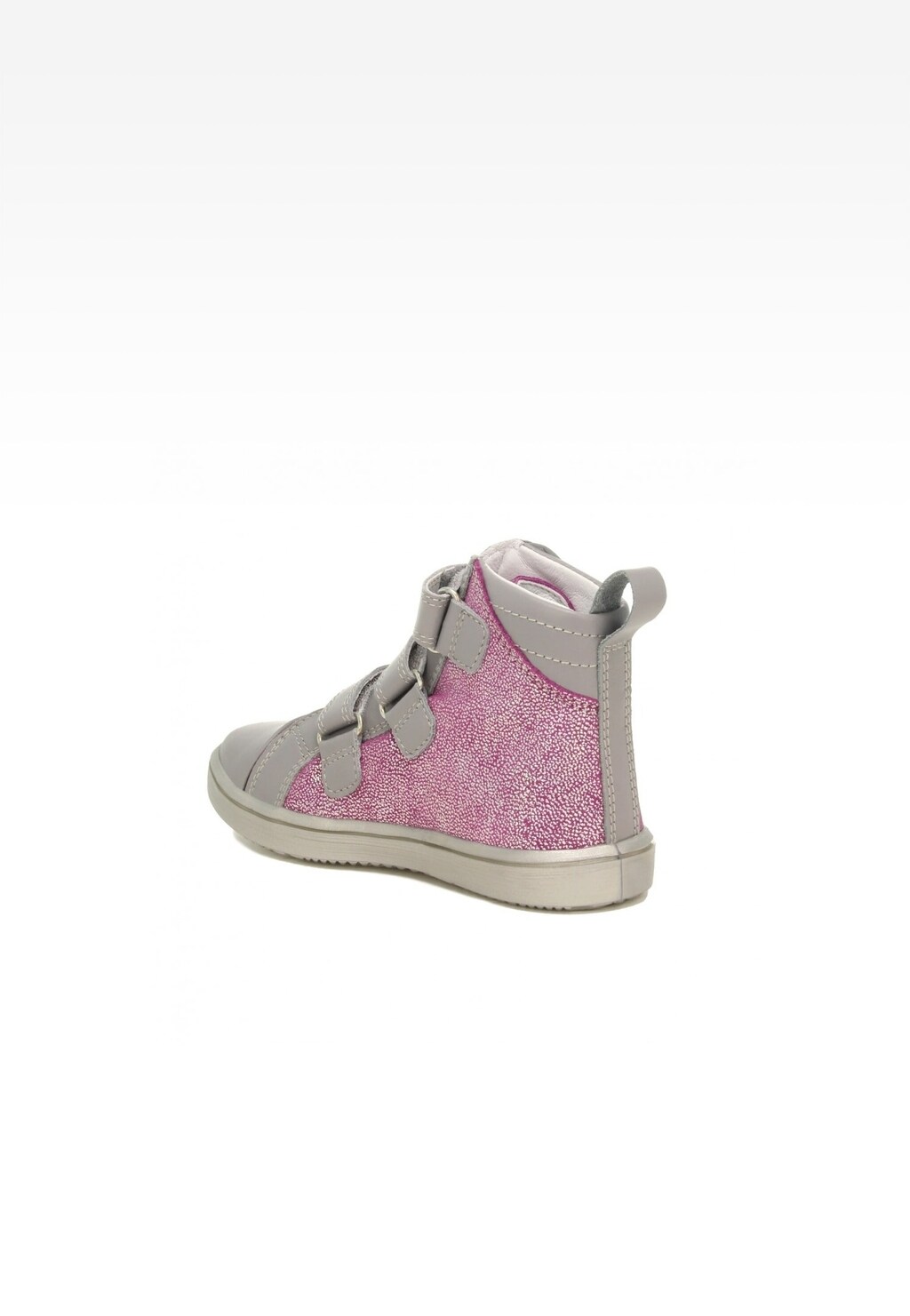 Trzewiki dziewczęce BARTEK 17364-033 w różowo-szarym kolorze, widok z boku. But z błyszczącą różową wstawką i szarymi rzepami zamiast sznurówek.