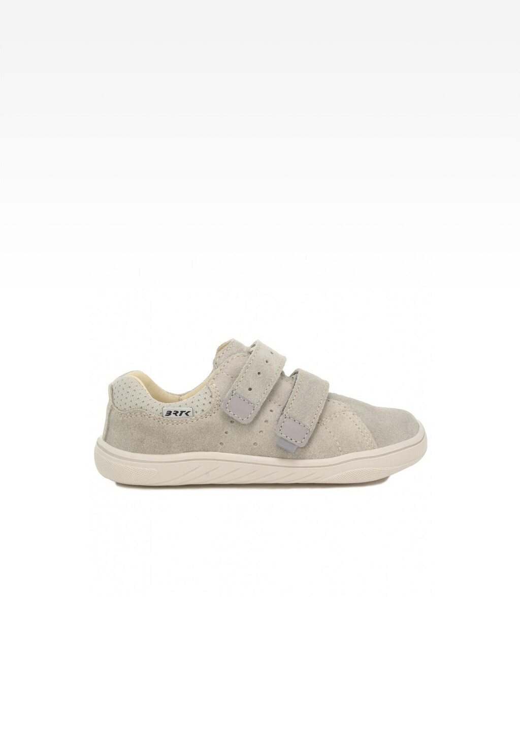 Szare buty dziecięce Barefoot BARTEK 15041703 z dwoma rzepami, wykonane z perforowanej skóry zamszowej, na elastycznej podeszwie, widok z boku.