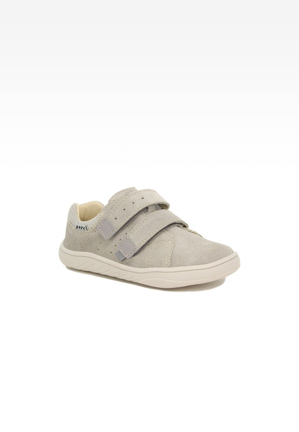 Szary but dziecięcy Barefoot BARTEK 15041703 z zamszowej skóry, wyposażony w dwa rzepy do zapinania. Minimalistyczna konstrukcja zapewniająca naturalny rozwój stopy.