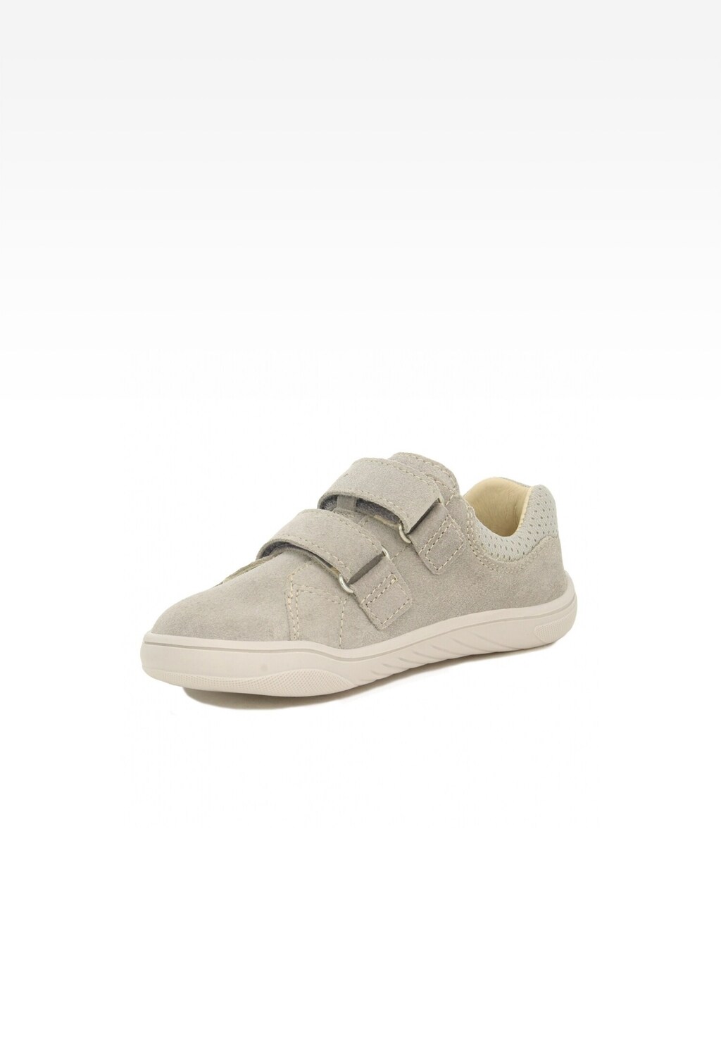 Szare buty dziecięce Barefoot BARTEK 15041703 z zapięciem na rzepy, wykonane z zamszu, z miękką wyściółką i elastyczną podeszwą.