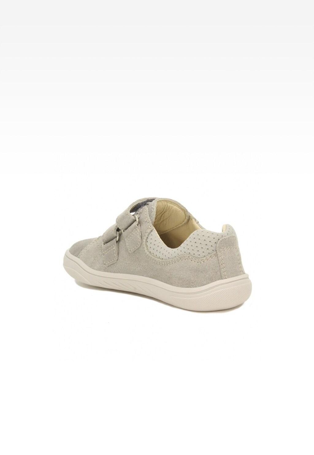 Szary dziecięcy but Barefoot BARTEK 15041703 z rzepami, widok z boku. Zamszowa cholewka z perforacją, beżowa podeszwa i wnętrze, minimalistyczny design.