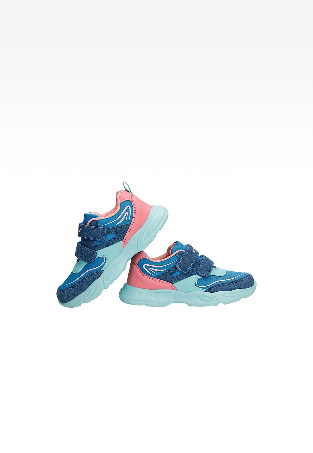 Dziecięce półbuty BARTEK 15043001 dla dziewcząt w różowo-niebieskiej kolorystyce z rzepami, miętową podeszwą i sportowym designem, widok z boku.