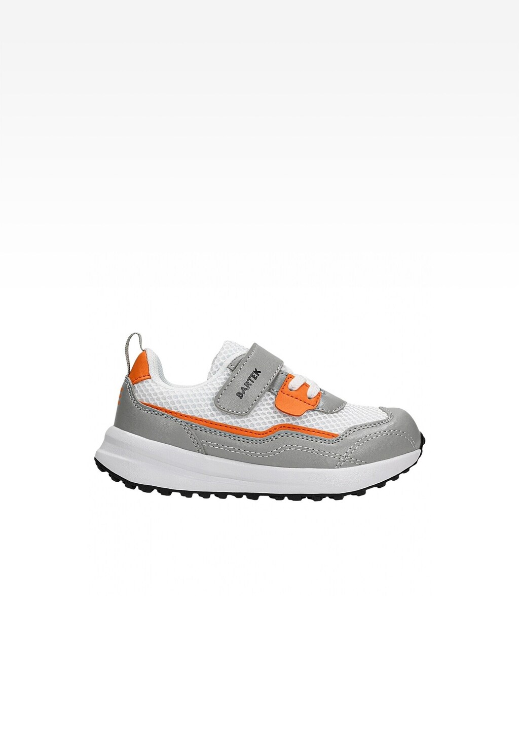 Dziecięce półbuty Bartek 11042403 w kolorze szaro-białym z pomarańczowymi akcentami, zapinane na rzep, z siateczkową cholewką i grubą białą podeszwą.