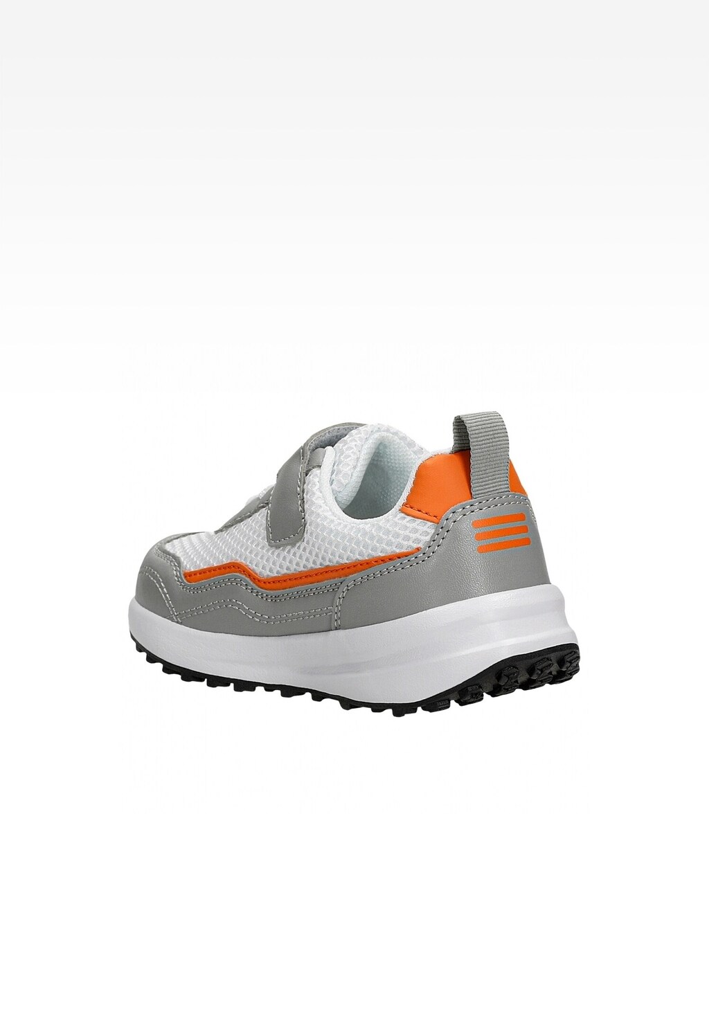 Półbuty dziecięce BARTEK 11042403 w kolorze szaro-białym z pomarańczowymi akcentami, zapinane na rzep, z oddychającą siateczką i antypoślizgową podeszwą.