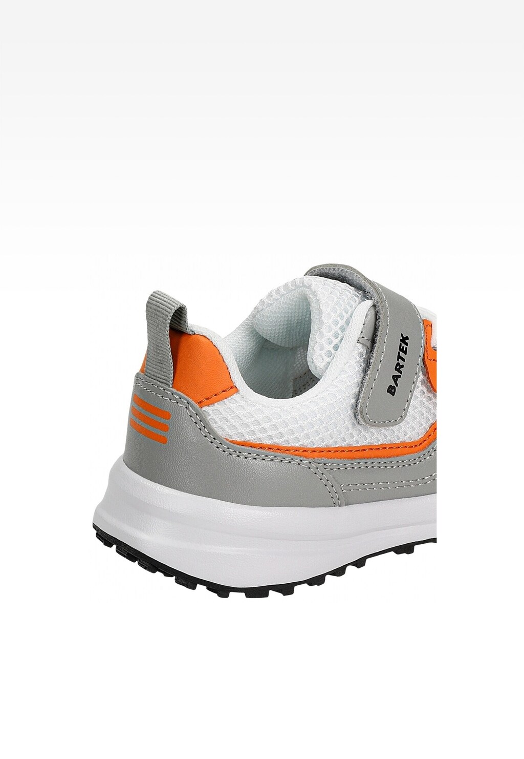 Szaro-białe półbuty dziecięce Bartek 11042403 z pomarańczowymi akcentami, zapinane na rzep, z oddychającą siateczkową cholewką i wytrzymałą podeszwą.