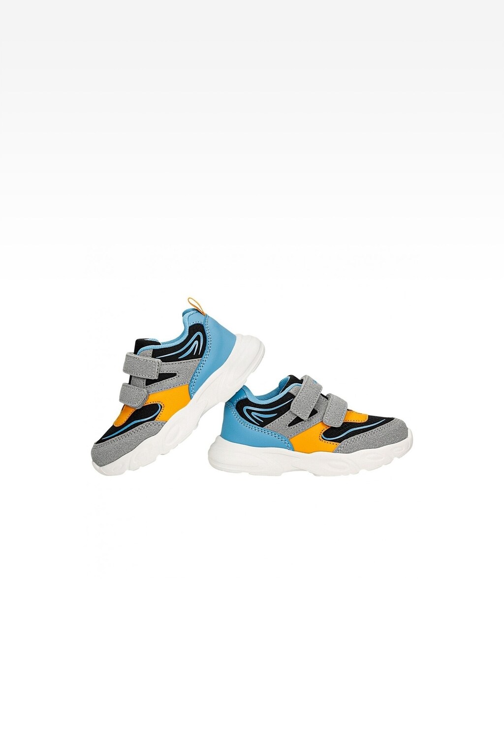 Półbuty dziecięce Bartek 11043003 dla chłopców w kolorach szaro-niebiesko-żółtych z rzepami, sportowy fason na białej podeszwie, widok z boku.
