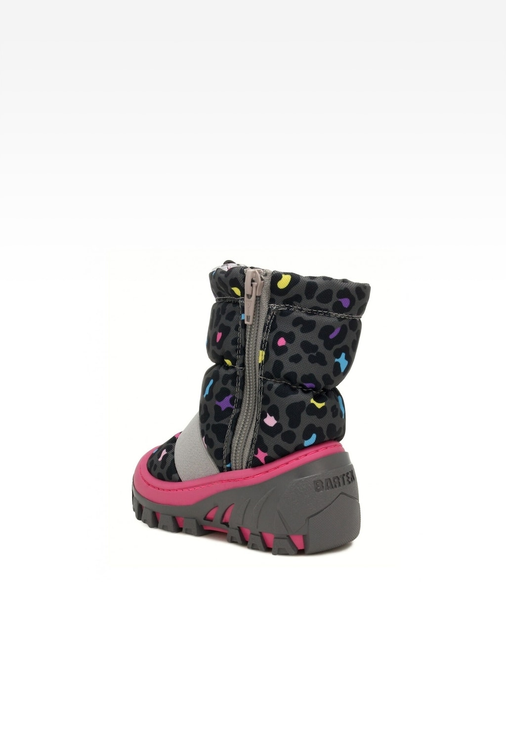 Szare śniegowce dziewczęce Bartek 14465024 z kolorowymi wzorami, bocznym zamkiem i różową podeszwą. Buty zimowe z grubym protektorem zapewniające ochronę przed śniegiem.