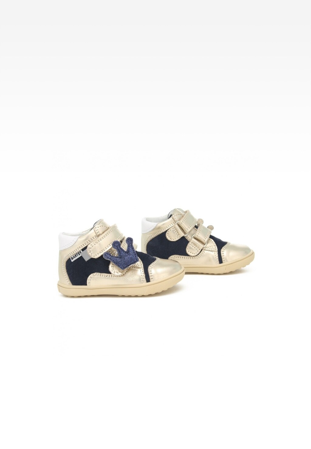 Trzewiki dziewczęce Bartek 011703-028 II w kolorze granatowo-złotym z dekoracyjną koroną, zapinane na rzepy, idealne dla małych księżniczek.