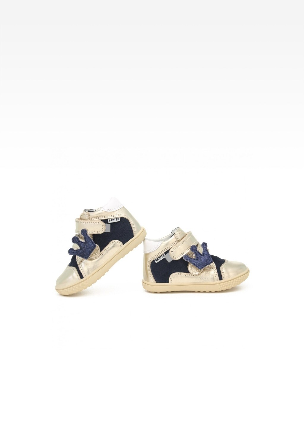 Dziewczęce trzewiki Bartek 011703-028 II w kolorze granatowo-złotym, zdobione motywem korony, z zapięciem na rzep, idealne na co dzień.