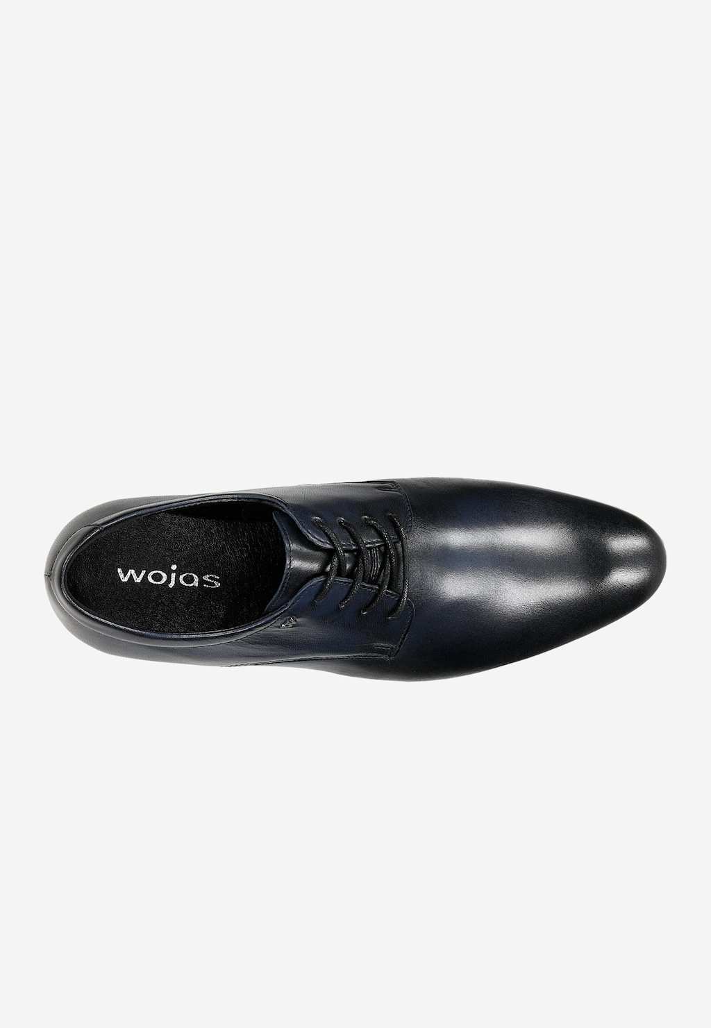 Elegancki granatowy półbut męski Wojas model 10048-56 z licowej skóry, widok z góry. Klasyczny but wizytowy ze sznurowaniem, widoczne logo marki na wkładce.