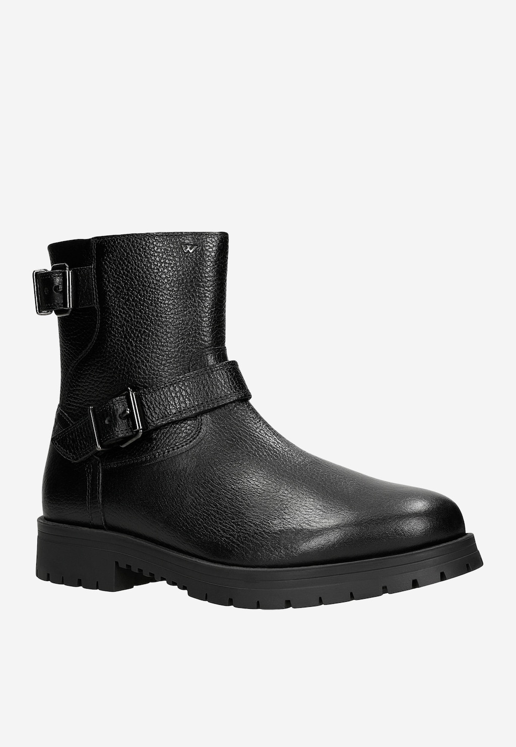 Czarne męskie bikery Wojas 20022-51 ze skóry licowej z wyraźną fakturą, ozdobione dwoma klamrami bocznymi, na grubej, profilowanej podeszwie. Widok z boku.