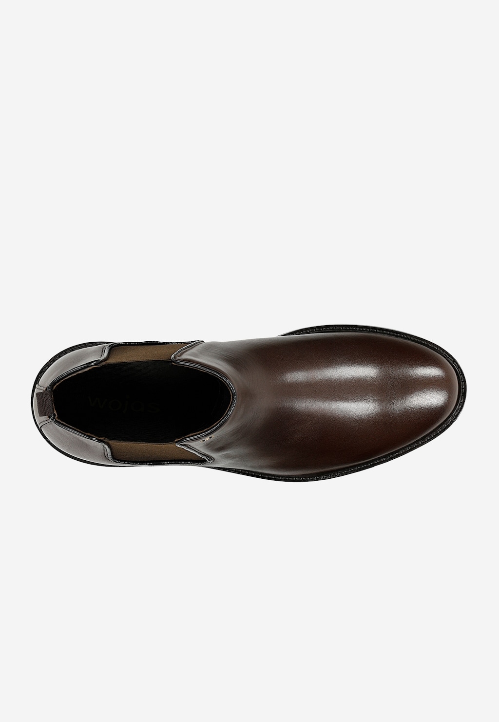 Ciemnobrązowe sztyblety męskie Wojas 20026-52 ze skóry licowej widoczne z góry. Eleganckie buty z elastycznymi wstawkami po bokach i czarną podeszwą.
