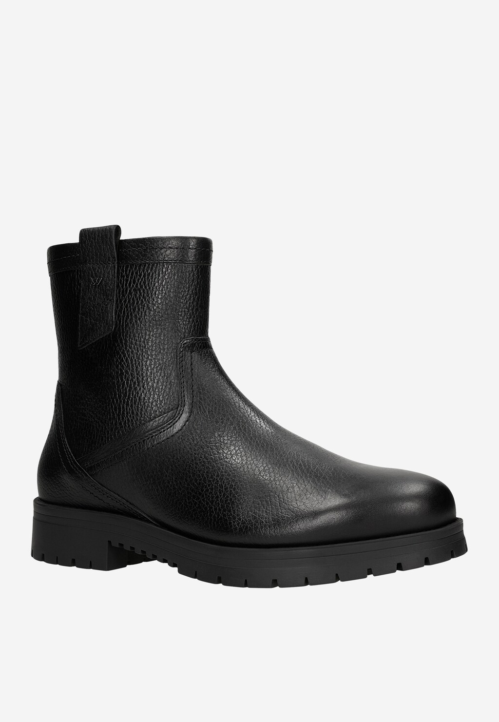 Czarne męskie botki Wojas model 20028-51 z teksturowanej skóry, z bocznym zamkiem. Buty mają masywną podeszwę i elegancki, minimalistyczny design.